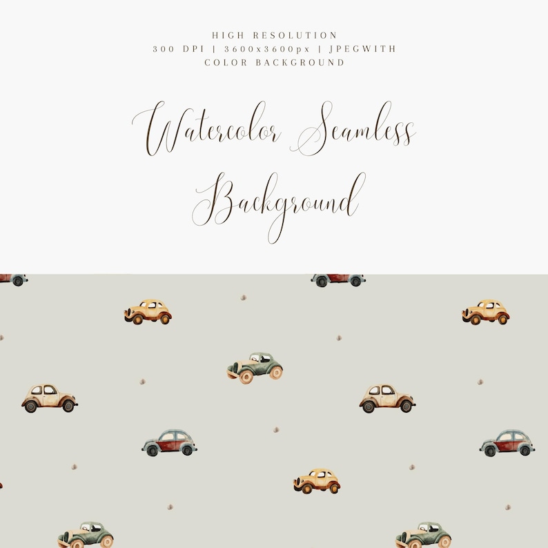May include: Watercolor seamless background featuring repeating illustrations of vintage cars in shades of beige, green, and red on a light gray backdrop. The text "Watercolor Seamless Background" is displayed at the top of the image.