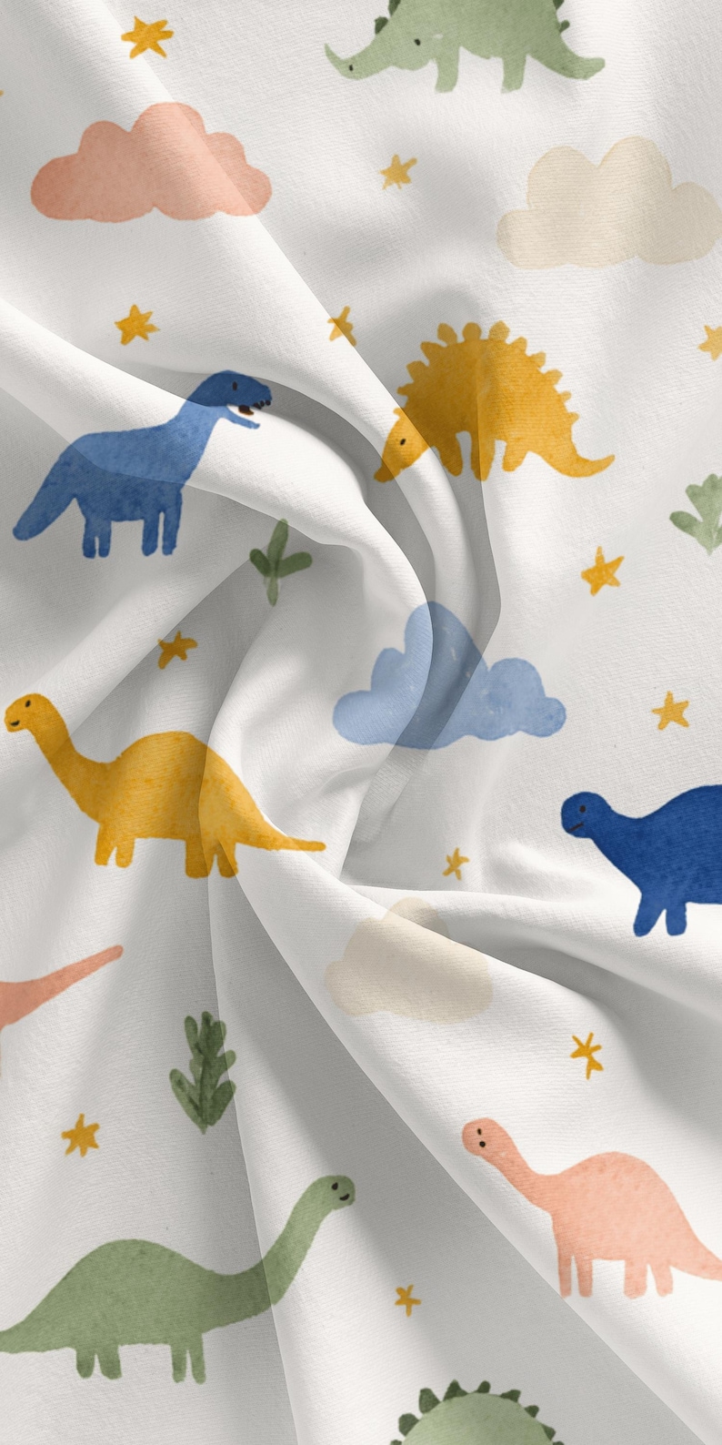May include: White fabric with a repeating pattern of colorful dinosaurs, clouds, and stars. The dinosaurs are in shades of blue, yellow, green, and pink. The clouds are peach and blue, and the stars are yellow.