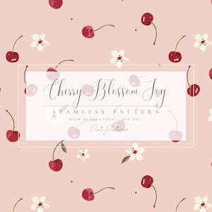 Watercolor Pink Cherry Seamless Pattern - Cherry Digital Paper - Watercolor Cherries and Flowers on Pink - Summer Wallpaper for Fabric PNG