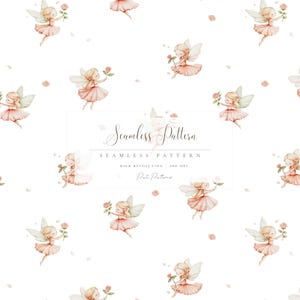 May include: Seamless pattern featuring watercolor illustrations of fairies in pink dresses with rose accents and delicate wings. The design includes the text "Seamless Pattern" and "High Resolution 300 DPI".