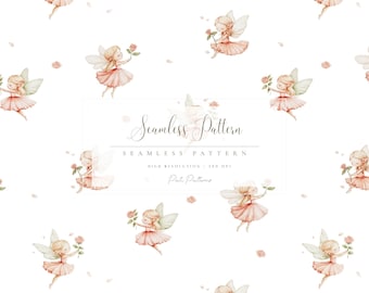 Puede incluir: Patrón sin costuras con ilustraciones de acuarela de hadas con vestidos rosas, sosteniendo rosas y con delicadas alas. El diseño incluye el texto "Seamless Pattern" y "High Resolution 300 DPI".