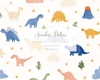 Cute Pastel Dinosaur Seamless Pattern PNG for Kids, Baby Dino Background, Fast Download, Commercial Use