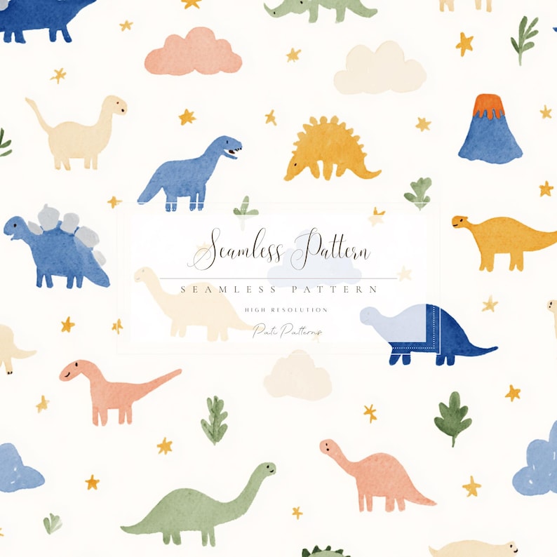 May include: Watercolor seamless pattern featuring various colorful dinosaurs, clouds, stars, and foliage on a white background. The text "Seamless Pattern" is displayed in an elegant script. High resolution design.