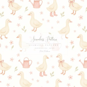 Peut inclure: Un motif sans couture avec des illustrations à l'aquarelle de canards crème avec des nœuds roses, des bottes et des arrosoirs, parsemés de fleurs roses et de feuilles vertes sur fond blanc. Le texte "Seamless Pattern" est affiché.