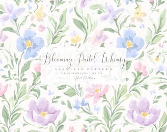 Blooming Pastel Whimsy Seamless Pattern - Watercolor Floral Digital Background - Soft Vintage Spring Flowers - Digital Paper for Fabric PNG