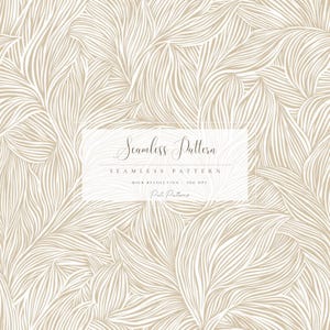 Op de afbeelding: Een naadloos patroonontwerp met een vloeiend, organisch motief in beige en gebroken wit. Het ontwerp heeft een delicate, getextureerde uitstraling, met een herhalend patroon van gebogen lijnen die lijken op bladeren of veren. De tekst "Seamless Pattern" wordt weergegeven.