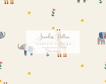 Safari Animal Seamless Pattern, Cute Elephant And Giraffe Digital Paper, Jungle Nursery Pattern, Baby Boy Fabric Design, Kids Scrapbook