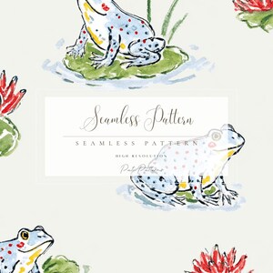 Puede incluir: Patrón de acuarela con ranas, hojas de nenúfar y nenúfares rojos. Las ranas son de color azul claro con manchas rojas y azules. El texto "Seamless Pattern" se muestra en un marco rectangular.