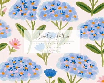 Blue Hydrangea Seamless Pattern PNG for Kids & Spring Crafts, Fast Download, Commercial Use, Floral Summer Backgrounds, Scrapbooking Paper