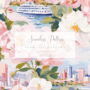Peut inclure: Un motif sans couture à l'aquarelle représentant un paysage urbain avec un ferry, des fleurs et le texte "Seamless Pattern". La palette de couleurs comprend du rose, du blanc, du bleu et du vert.