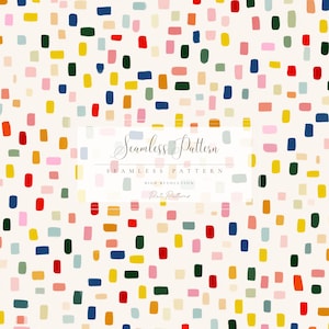May include: A seamless pattern design featuring a cream background scattered with colorful rectangular shapes in red, yellow, blue, green, pink, and orange. The design includes the text "Seamless Pattern" in a decorative font.