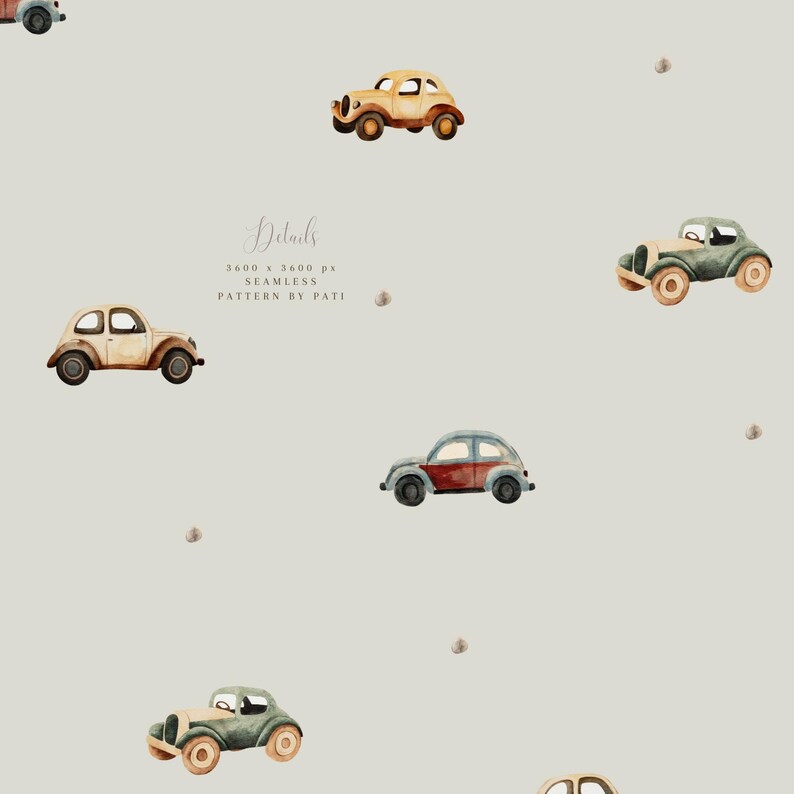 May include: Watercolor illustration of vintage cars in shades of brown, green, red, and blue on a light gray background. The image includes the text "Details" and "3600 x 3600 px SEAMLESS PATTERN BY PATI".