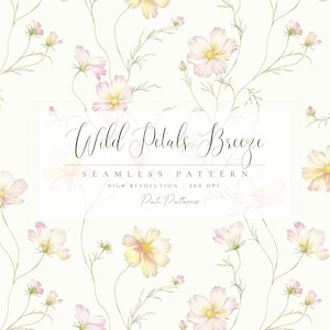 Wildflower Seamless Pattern – Watercolor Floral Digital Paper, Pastel Wildflowers on White Background, Vintage Botanical Printable - Instant
