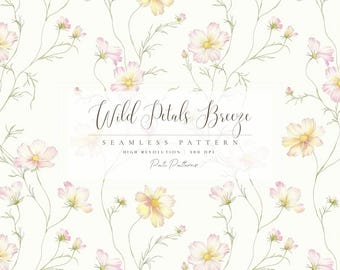Wildflower Seamless Pattern – Watercolor Floral Digital Paper, Pastel Wildflowers on White Background, Vintage Botanical Printable - Instant