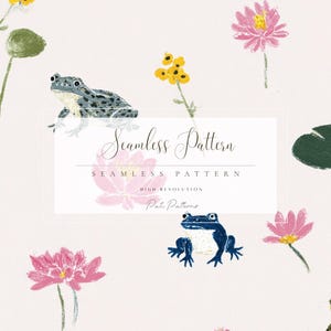 May include: A seamless pattern featuring illustrations of frogs, lily pads, and flowers in shades of blue, green, pink, and yellow. The text "Seamless Pattern" is displayed in a rectangular frame. The design has a watercolor style.