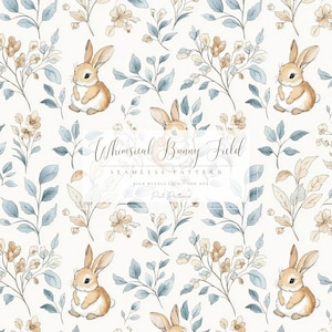 Watercolor Whimsical Bunny Seamless Pattern PNG with Background, Floral Baby Rabbit Design for Nursery, Fabric, Scrapbook, Watercolor Bunny