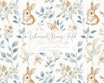 Watercolor Whimsical Bunny Seamless Pattern PNG with Background, Floral Baby Rabbit Design for Nursery, Fabric, Scrapbook, Watercolor Bunny