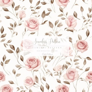 May include: A seamless pattern featuring watercolor roses in soft pink hues, interspersed with brown leaves and stems, set against a cream background. The design includes the text "Seamless Pattern" in an elegant script, suitable for various applications.
