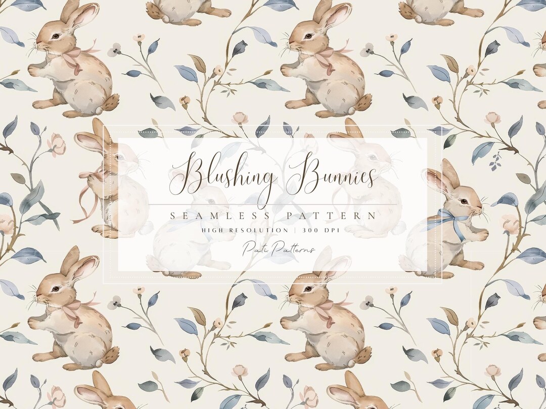 Blushing Bunnies Seamless Pattern - Watercolor Rabbits With Ribbons and ...
