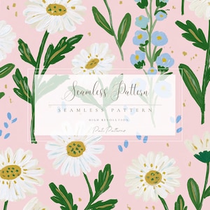 May include: A seamless pattern design featuring white daisies with yellow centres, blue forget-me-nots, and green leaves on a light pink background. The words "Seamless Pattern" are displayed in a white rectangle.