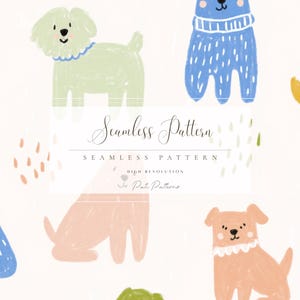 Può includere: Motivo senza cuciture con cani colorati in stile cartone animato in giallo, verde, blu e pesca. I cani hanno forme semplici e arrotondate su uno sfondo bianco con accenti arancioni e verdi sparsi. Testo: "Motivo senza cuciture".