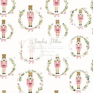 May include: A seamless pattern featuring watercolor illustrations of pink nutcrackers, each surrounded by a green wreath with pink bows and small flowers. The text "Seamless Pattern" is displayed in the center.