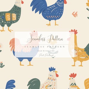 May include: A seamless pattern featuring colorful rooster illustrations in shades of blue, green, yellow, and pink, with floral accents on a cream background. The roosters have detailed designs and are arranged in a repeating pattern.