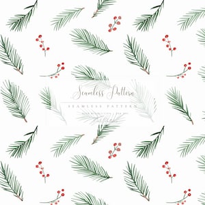 Könnte beinhalten: Ein nahtloses Muster mit Aquarellillustrationen von grünen Kiefernzweigen und roten Beeren auf weißem Hintergrund. Der Text "Seamless Pattern" wird in der Mitte angezeigt.