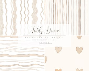 Watercolor Beige Seamless Pattern Set - Neutral Stripes Digital Paper Set - Nursery Background - Little Heart Seamless File - Textile Design