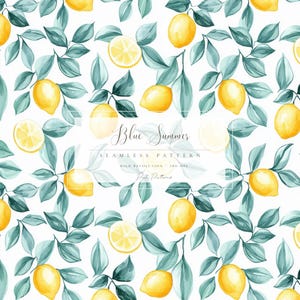 Blue Lemon Seamless Pattern, Blue Green Citrus Leaves Print, Mediterranean Summer Digital Paper PNG, Kitchen Fabric Design, Commercial Use,