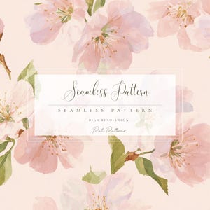 Könnte beinhalten: Nahtloses Musterdesign mit Aquarellillustrationen zarter rosa Kirschblüten und grüner Blätter auf einem weichen pfirsichfarbenen Hintergrund. Der Text "Seamless Pattern" wird in einem rechteckigen Rahmen angezeigt.