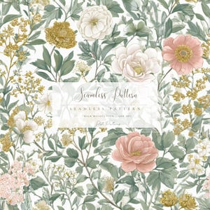 Puede incluir: Patrón floral sin costuras con flores blancas, rosas y doradas, y hojas verdes sobre fondo blanco. El texto "Seamless Pattern" se muestra en el centro. Alta resolución, 300 DPI.