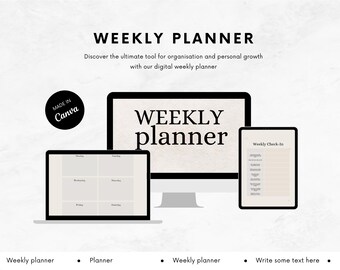 May include: A digital weekly planner displayed on a laptop, desktop computer, and tablet. The text "WEEKLY PLANNER" is prominently featured. The image includes the Canva logo and the text "Weekly Check-In". The background is a light, neutral color.