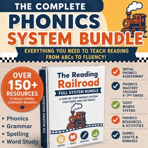 May include: The Reading Railroad Full System Bundle is a white educational binder featuring a train graphic and the text: A step-by-step phonics system that keeps kids on track! It includes over 150 resources for phonics, grammar, spelling, and word study.