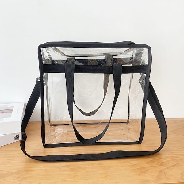 Bolso de hombro de vinilo transparente / Bolso tote transparente con correas negras