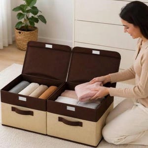 Dust-Proof Clothes Storage Organizer | Two-Tone Decorative Fabric Bin with Hinged Lid | Closet Shelf Organization Box | Heavy Duty Collapsib