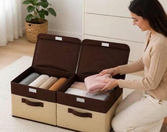 Caja de almacenamiento de tela bicolor con tapa abatible / Organizador de armario plegable