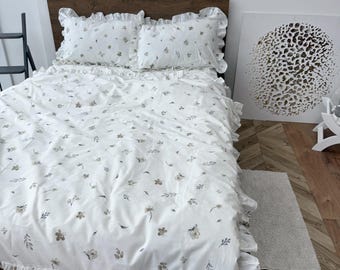 Handmade Floral Ruffled Duvet Cover Set • Cottagecore Poplin Bedding