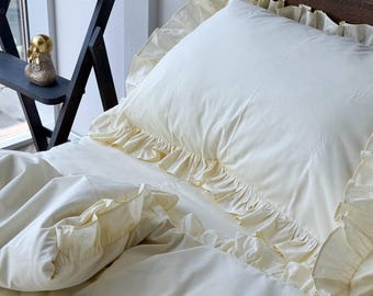 Handmade Cream Cotton Ruffle Bedding Set | Romantic Duvet Cover