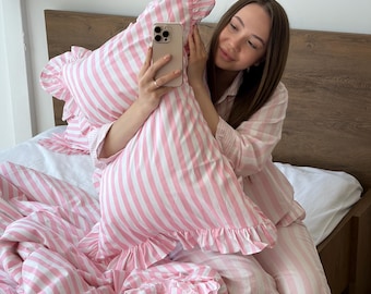 Pink Striped Ruffle Bedding Set, Cotton Duvet Cover with Fitted Sheet & Pillowcases, Coquette Cottagecore Bedding Queen King Full Twin
