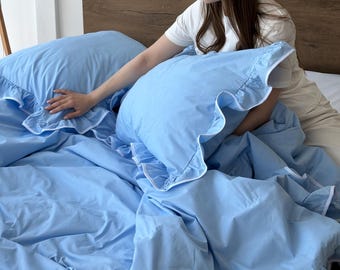Hemelsblauwe beddengoedset met ruches, 100% katoenen dekbedovertrekset met laken en kussenslopen, romantisch blauw beddengoed, handgemaakt