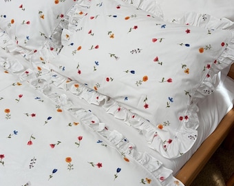 Floral Ruffle Bedding Set, 100% Cotton Duvet Cover Set With Fitted Sheet and Pillowcases, Wildflower Cottagecore Bedding, Queen King Full