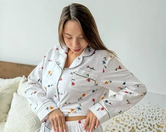 女性用ハンドメイド花柄フランネルパジャマセット、オーガニックコットン寝間着、快適なボタンアップパジャマとパンツ、ソフトラウンジウェアギフト