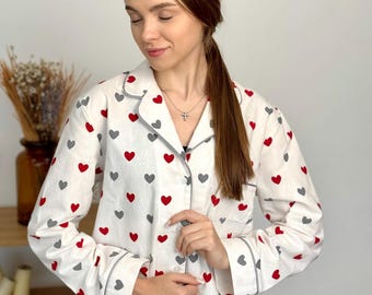 女性用ハンドメイドフランネルパジャマセット、コットンハートプリントパジャマ、心地よい冬用スリープウェア、オーガニックコットンラウンジウェア、ギフト