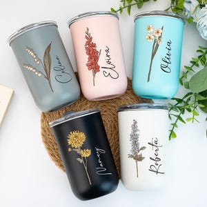 Personalized Stainless Steel Tumbler,Birth Flower Tumbler Gift,Custom Insulated Coffee Cup,Bridesmaid Gift,Bridesmaid Proposal,Wedding Gift