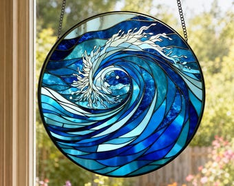 Ocean Wave Stained Glass Suncatcher, Coastal Window Hanging, Beach House Decor