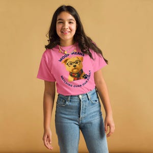 Cute Dog Shirt for Teens/youth– Woof Means Watching Over Our Family,  Funny Cartoon Dog in Glasses and Scarf Protective Pup Graphic Tee
