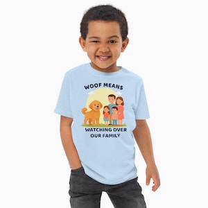 Toddler Dog Shirt – ‘Woof Means Watching Over Our Family’ – Cute Cartoon Blue and Pink T-Shirt – Dog Lover Gift – Pet & Family Design”