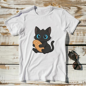 Schattige kat met T-shirt croissant, gezellig uniseks T-shirt, cadeau kattenliefhebber, verjaardagscadeau, grappige dierenkleding, vrijetijdskleding