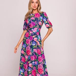 Floral Maxi Dress with Slit – Puff Sleeve Evening Gown, Open Back Summer Outfit, Boho Wedding Guest Dress | MILOT